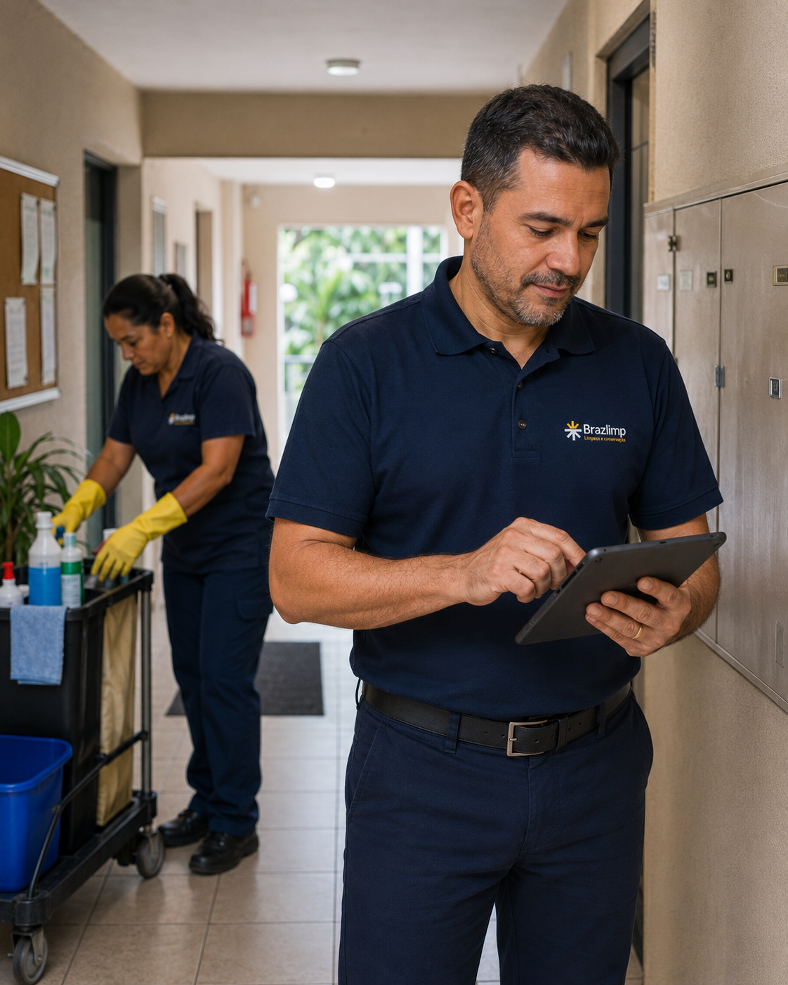 Supervisor da Brazlimp acompanhando a operação em campo por um tablet